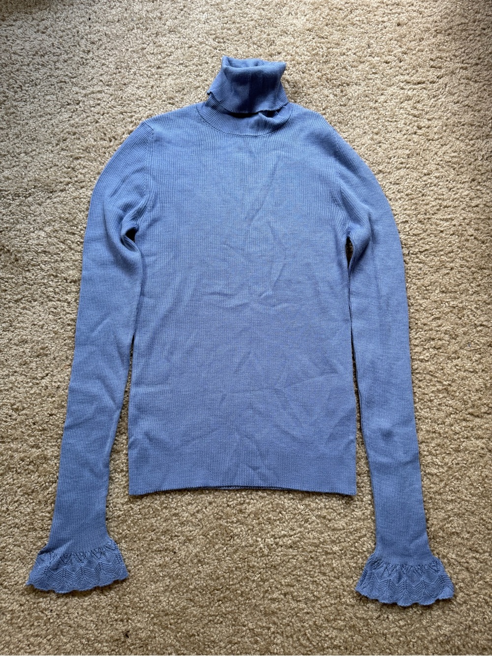 Love Moschino Blue Turtleneck Merino Wool blend Sweater w Ruffled Crochet Cuffs
